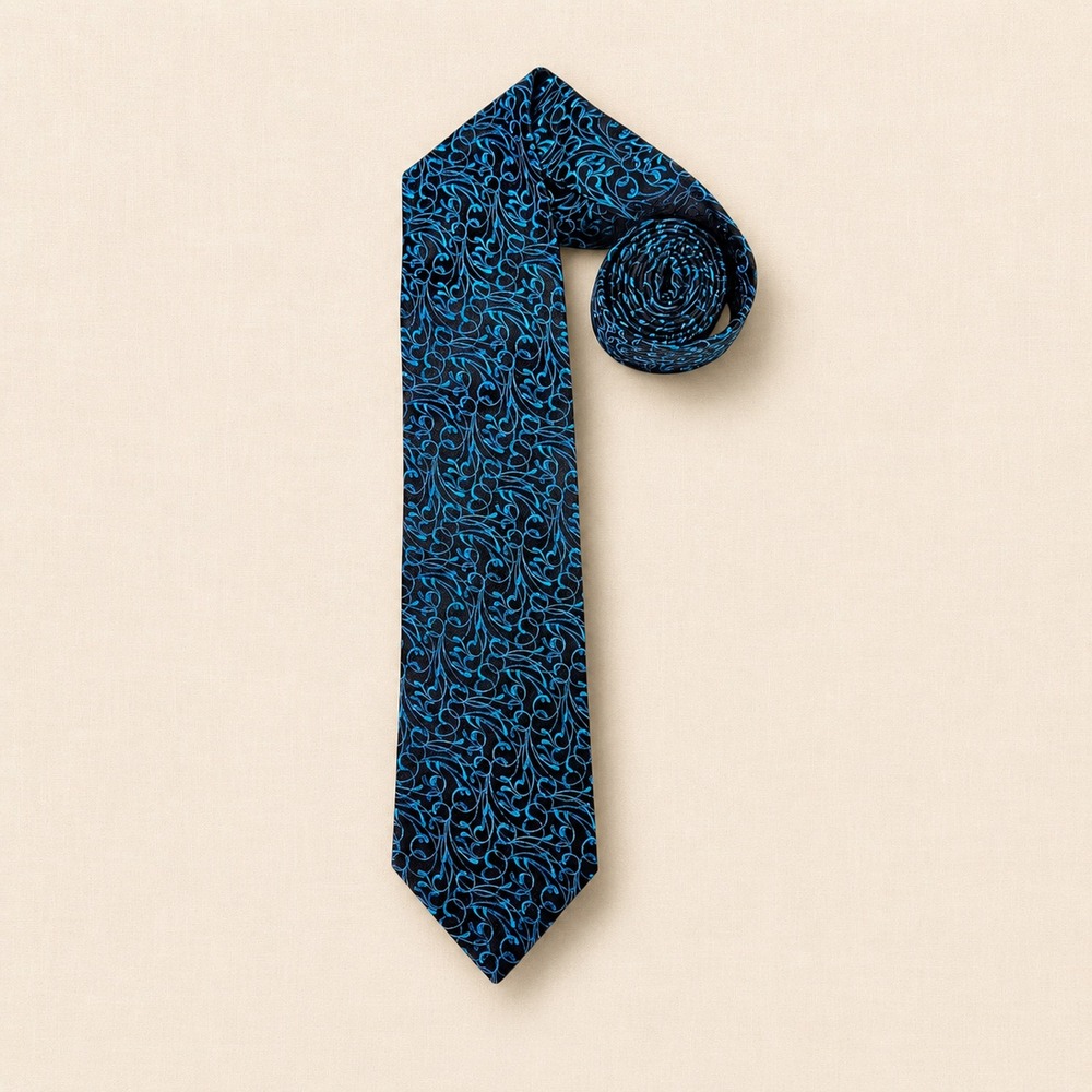 Alfani Silk Jacquard Scroll Necktie Black Blue Swirl Formal Evening Statement OS